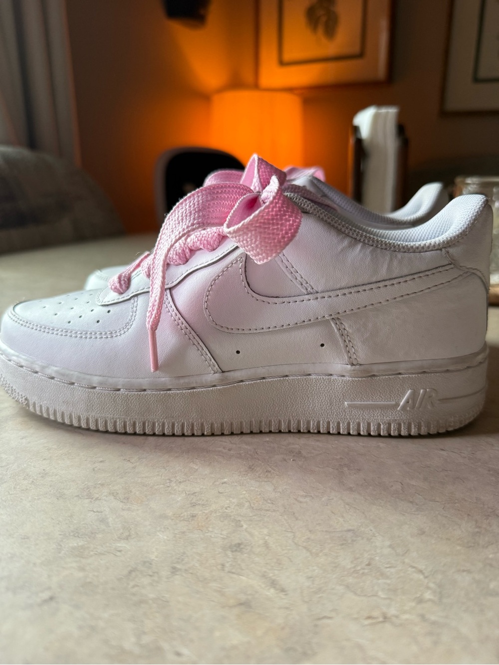 Nike White AF1s with Pink Laces size 5y or 6.5 in women’s.